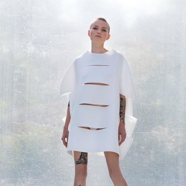 White Cover Up, Festival Dress, Futuristic Dress, Neoprene Circle Top with Cutouts, Festival Clothing, Avant Garde Women Top