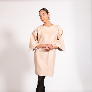 Faux Leather Blush Dress, Minimalist Midi Dress, Elegant Winter Dress With Wide Sleeves, Oversized Maxi Top, Loose Fit Top