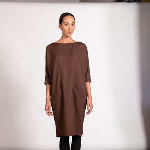 Wool Midi Dress In Brown, Winter Dress With Mid Sleeves and Pockets, Oversized Dress, Plus Size Clothing, Loose Fit Minimalist Dress