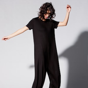 Women Jumpsuit with Pockets, Plus Size Harem Jumpsuit, Minimalist Overall, Black Jumpsuit with Loose Fit, Short Sleeve Jumpsuit image 2