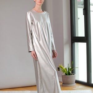 Silver Faux Leather Long Sleeve Dress: Futuristic Pocket Dress