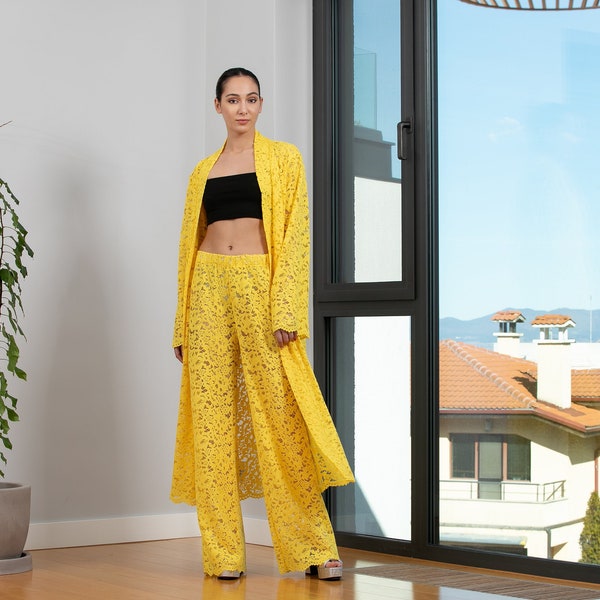 Ensemble Kimono jaune, Robe longue et pantalon ample taille haute, Robe Kimono, Ensemble coordonné, Pantalon Palazzo et Robe Kimono, Ensemble jaune pour femme