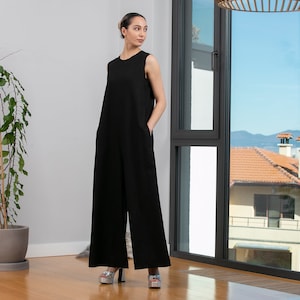 Black Linen Jumpsuit, Black Maxi Jumpsuit, Black Linen overall, Linen Women Romper, Yoga Jumpsuit Linen, Boho Jumpsuit, Linen Clothing