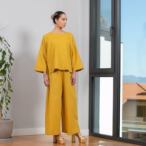 Mustard Linen Two Piece Set of Linen Pants And Linen Shirt, Loungewear, Linen Clothing, Lounge and Sleepwear, Two Piece Set