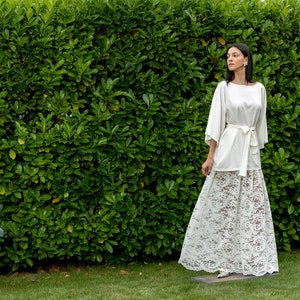 Minimalist Wedding Dress with Lace Maxi Skirt and White Silk Blouse, White Modest Wedding Dress, Bridal Dress image 8