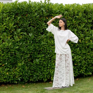 Minimalist Wedding Dress with Lace Maxi Skirt and White Silk Blouse, White Modest Wedding Dress, Bridal Dress image 1