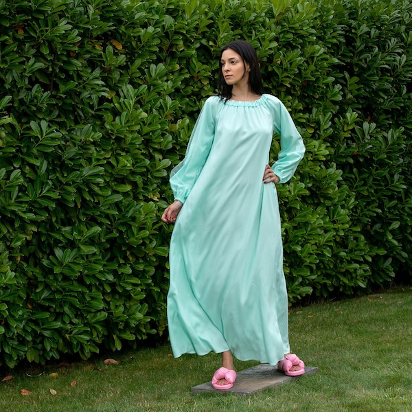 Viscose Dress, Kaftan Maxi Dress in Mint Color, Turquoise Dress, Full Length Kaftan, Summer Dress