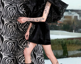 Black Elegant Velvet Mini Dress, Party Ruffle Dress