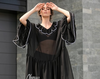 Black maxi dress/ Ruffle dress/ Chiffon Maxi dress / Elegant dress/ maxi dress/Long sleeve maxi/ Plus size dress/ Plus size clothing/112.196