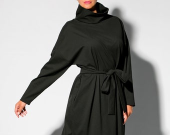 Black Dress, Winter Dress, Long Sleeve Dress, Belt Dress, Turtleneck Dress, Loose Dress, Gothic Dress, Pocket Dress, Plus Size Clothing
