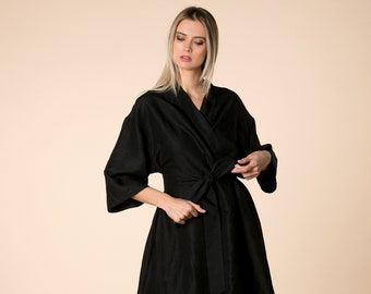 Black Linen Dress, Linen Maxi Dress, Linen Kimono Dress, Linen Clothing, Long Sleeve Dress, Linen Belt Dress, Linen A Line Dress, Bohemian