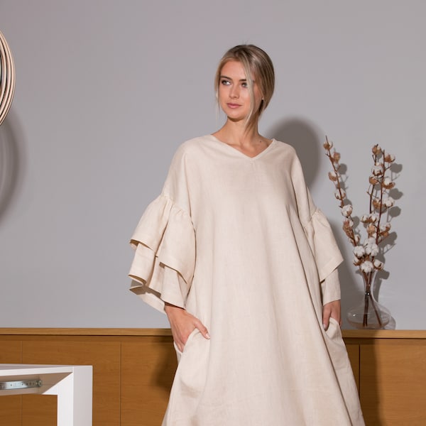 Linen A-line Maxi Dress With Ruffle Sleeves and Pockets, Beige Kaftan Dress, Linen Clothing, Boho Wedding Dress