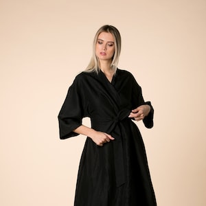 Black Linen Dress, Linen Maxi Dress, Linen Kimono Dress, Linen Clothing, Long Sleeve Dress, Linen Belt Dress, Linen A Line Dress, Bohemian image 1