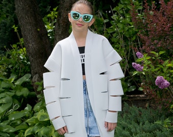 Avant Garde Kids Clothing, Girls Streetwear Jacket, White Cut Out Jacket, Avant Garde Teen Clothing, Neoprene Futuristic Jacket for Teenager