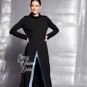 Black Soft Knit Open Front Long Tunic Maxi Dress with Long Sleeve and High Neck, Comfortable Winter Tunic Dress, Avant Garde Cover Up Dress image 2