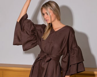 Brown Linen Dress, Linen Kimono Dress, Linen Abaya Dress, Linen Kaftan Dress, Linen Clothing, Linen Maxi Dress, Plus Size Linen Dress