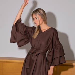 Brown Linen Dress, Linen Kimono Dress, Linen Abaya Dress, Linen Kaftan Dress, Linen Clothing, Linen Maxi Dress, Plus Size Linen Dress