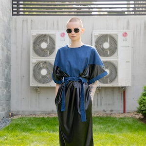 Futuristic Leather and Denim Dress, Elegant Dress, Plus Size Clothing, Black Leather Dress, Avant Garde Clothing, Cocktail Dress, New Year
