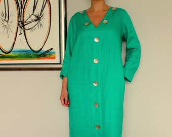 Linen Kaftan Dress, Emerald Green Dress, Linen Clothing, Plus Size Linen, Boho Clothing, Loose Maxi Dress, Long Sleeve Dress, Pocket Dress
