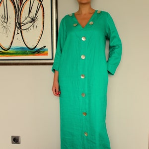 Linnen Kaftan Jurk, Emerald Green Jurk, Linnen Kleding, Plus Size Linnen, Boho Kleding, Losse Maxi Jurk, Lange Mouw Jurk, Pocket Jurk