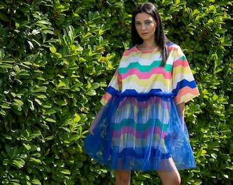 Rainbow Striped Dress, Tulle Dress, Tunic Dress, Short Dress, Rave Dress, Festival Dress