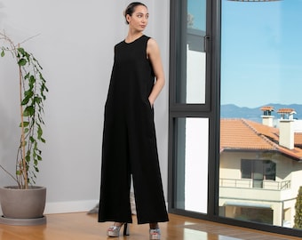 Mono de lino negro, mono maxi negro, lino negro en general, romper de mujer de lino, lino de mono de yoga, mono boho, ropa de lino