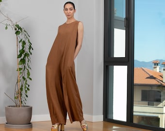 Brown Linen jumpsuit, Loose linen Jumpsuit, Linen overall, Linen women romper, Linen clothes, Yoga Jumpsuit Linen, Boho Jumpsuit, Linen Yoga