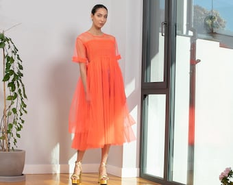 Neon Tulle Dress, Villanelle Dress, Sheer Summer Dress With Short Sleeves, See Through Dress, Long Romantic Dress, Mid Calf Dress