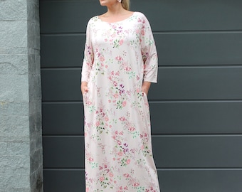 Pink Caftan Maxi Dress with Flowers, Kaftan Luxury, Floral Maxi Dress, Long Sleeves Summer Maxi Dress, Loose Maxi Dress, Viscose Maxi Dress