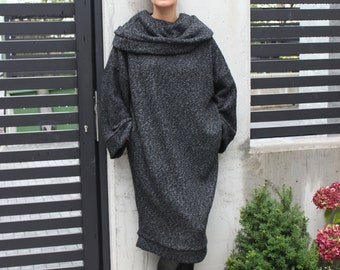 Women Sweater Dress, Loose Fit Dress for Winter, Cowl Neck Dress with Pockets, Plus Size Dress, Oversized Winter Dress