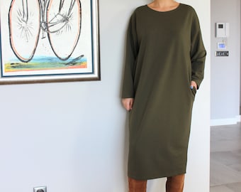 Olive Green Sweater Dress, Plus Size Clothing, Loungewear Dress, Jumper Dress, Long Sleeve Dress, Pocket Dress, Plus Size Dress,Caftan Dress