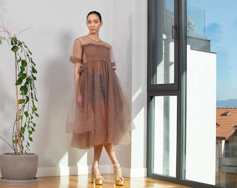 Brown Tulle Dress With Short Sleeves, Tulle Midi Dress, Maternity Photoshoot Dress, Sheer Dress, Plus Size Tulle Dress