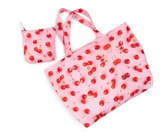 Trending Now Cherry Print Large Canvas Tote Bag with Purse, Beach Waterproof Bag, Shopping and Shoulder Bag, UV-protected Canvas Tote Bag