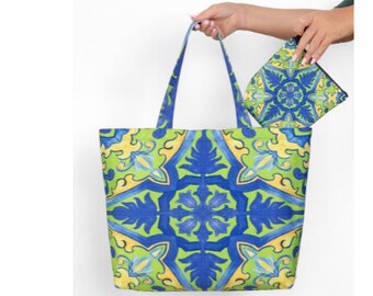Amalfi Print Canvas Tote Bag with Purse: Water-Resistant Beach Bag