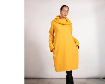 Warm Winter Dress in Yellow, Fluffy Sweater Dress, Oversized Jumper Dress with Turtleneck and Pockets, Christmas Dress, Winter Clothing