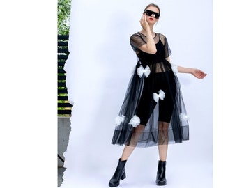 Black Tulle Dress, Halloween Dress, Sheer Dress with Ribbons, Futuristic Clothing, See Trough Dress, Avant Garde Dress, Tulle Midi Dress