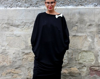 Robe d'hiver noire, robe arc, robe Kaftan, robe à manches longues, robe de poche, robe pull, robe décontractée, robe élégante, Robe taille Plus