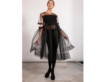 Black Tulle Dress, Sheer Party Dress, Tulle Cocktail Dress, Villanelle Dress, See Through Black Dress, Avant Garde Clothing