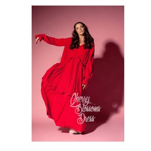 Rotes Maxikleid, Elegantes Lockeres Kleid, Bischof Ärmelkleid, Rotes Partykleid, Langarmkleid, Plus Size Kleid, Kaftan Kleid, Viskose Kleid