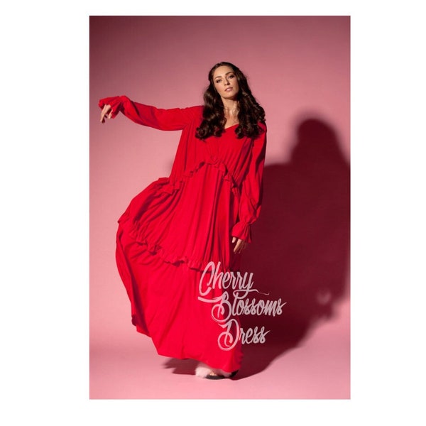 Red Maxi Dress, Elegant Loose Dress, Bishop Sleeve Dress, Red Party Dress, Long Sleeve Dress, Plus Size Dress, Kaftan Dress, Viscose Dress