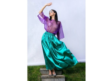 2 Piece Set of Maxi Skirt and See Through Top, Long Skirt Satin and Sheer Top, Purple Organza Blouse and Green Maxi Skirt, Wedding Guest