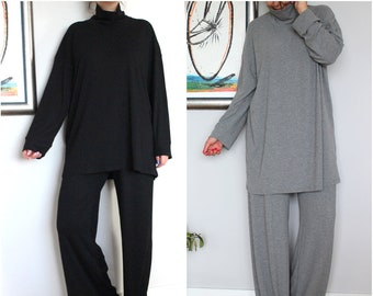 Black Loungewear Set of 2, Winter Loungewear, Home Outfit, Turtleneck Tunic and Wide Leg Pants, Plus Size Comfortwear, Minimalist Clothing