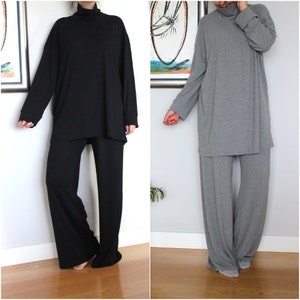 Black Loungewear Set of 2, Winter Loungewear, Home Outfit, Turtleneck Tunic and Wide Leg Pants, Plus Size Comfortwear, Minimalist Clothing