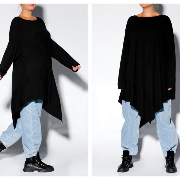 Black Asymmetric Top, Women Tunic Top, Winter Blouse, Long Sleeve Top, Knitted Top, Women Sweater Dress, Plus Size Top, Loose Top