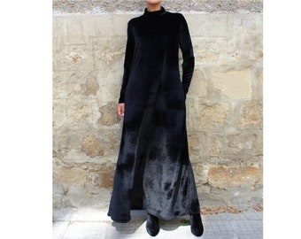 Long Velvet Dress, Black Velvet Dress, Elegant Dress, Custom Dress, Evening Dress, Velvet Clothing, Long Sleeve Velvet Dress, A Line Dress