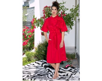 Elegant Red Christmas Bow Cotton Party Dress with Belt and Pockets in Midi Length for Parties, Weddings, Special Occasions, Valentine's Day