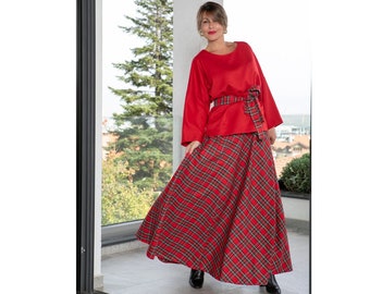 Red Christmas Outfit of Elegant Long Flare Tartan Skirt and Red Loose Tunic Top, Red Flare Plaid Skirt, Women Suit Skirt Set