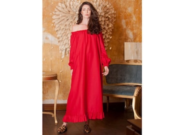 Off Shoulder Red Linen Dress with Long Sleeves, Linen Clothing for Maternity Dress, Plus Size Dress, Red Maxi Dress
