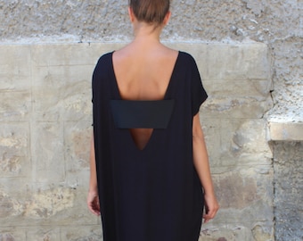 Robe caftan avec dos nu, Caftan minimaliste pour femmes, Robe longue noire avec poches, Fleurs de cerisierRobe caftan