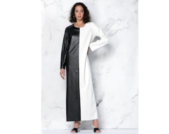 Black and White Long Minimalist Dress in Faux Leather, Elegant Pencil Dress, Kaftan Dress, Plus Size Dress, Steampunk Dress